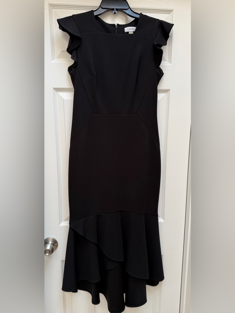 Calvin Klein Black One-Shoulder Ruffle-Hem Sheath Dress